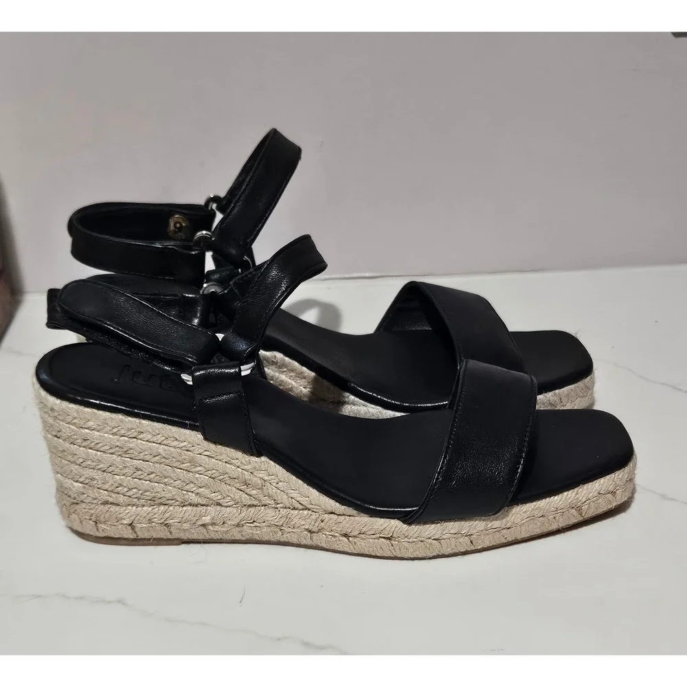 Jutelia Black Leather Espadrille Wedge Sandals Square Toe Made in Spain Size 40